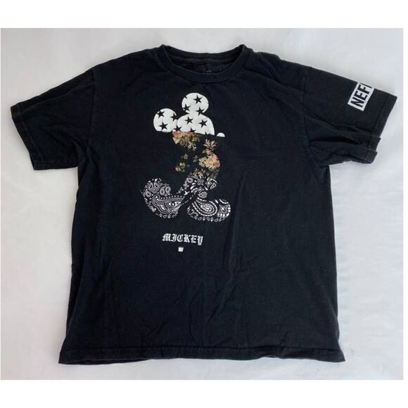 Neff Mickey Mouse Disney Tee T-Shirt Black Floral Cotton - Size Large - Picture 1 of 6